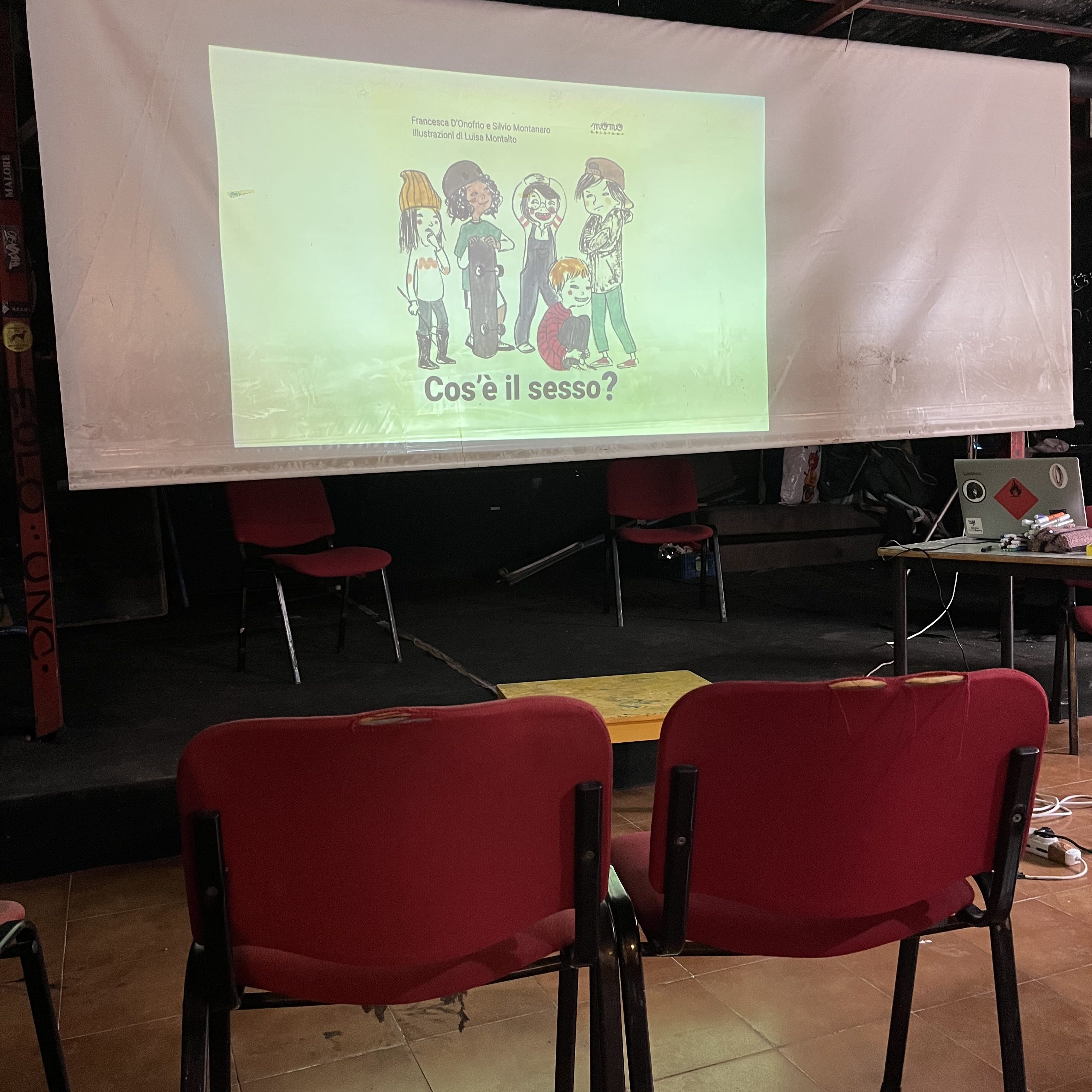 Photo shows presentation screen for the book 'What is sex'. On the presentation screen, the front cover of the text is visible. Front cover depicts 5 illustrated children and teenagers who have various appearances, hobbies and expressions. Below the children are the words 'cos'è il sesso?' or what is sex in Italian.